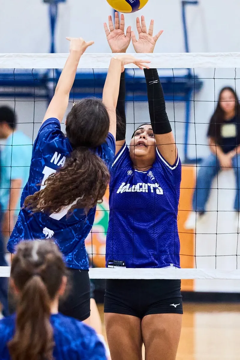 DOVA players jumping to block at the net